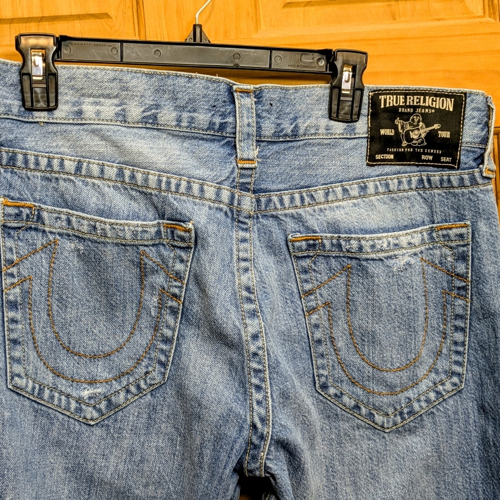 True Religion Mens Jeans Blue 35x32 Ricky Relaxed Straight Distressed  Grunge - Picture 7 of 11